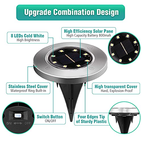 Luces Solares de Suelo, Luces Solares LED Exterior Jardín, IP65, 6000K Blanco Frío, Luz Solar de Tierra para Paisaje, Pasarela, Césped, Escalones, Decoraciones de Jardín al Aire Libre, Paquete de 8