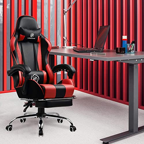 LUCKRACER Silla Gaming Escritorio con Reposapiés Oficina Cojín Lumbar para Masaje Reposabrazos de Carreras Respaldo Alto de Cuero PU