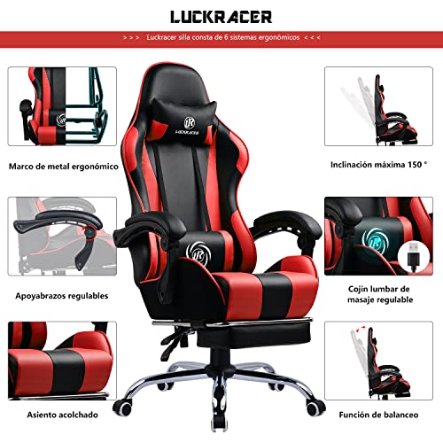 LUCKRACER Silla Gaming Escritorio con Reposapiés Oficina Cojín Lumbar para Masaje Reposabrazos de Carreras Respaldo Alto de Cuero PU