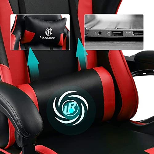 LUCKRACER Silla Gaming Escritorio con Reposapiés Oficina Cojín Lumbar para Masaje Reposabrazos de Carreras Respaldo Alto de Cuero PU