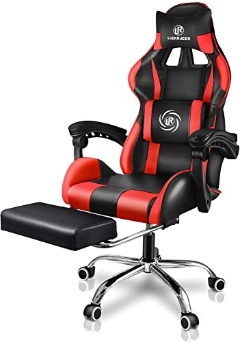 LUCKRACER Silla Gaming Escritorio con Reposapiés Oficina Cojín Lumbar para Masaje Reposabrazos de Carreras Respaldo Alto de Cuero PU