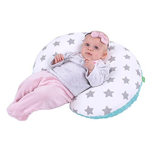 Lulando Minky - Cojín de lactancia (55 x 42 cm) para bebés y adultos. Ideal también para niños y como almohada de viaje. multicolor Mint - Grey Stars