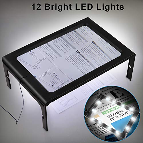 Lupas de Aumento con 12 LED, DIAOCARE Lupa de Lectura para Personas Mayores Ancianos, A4 Rectangular Página Soporte Plegable Manos Libres, Lupa con luz para Libros, Mapas, Joyas, Ancianos