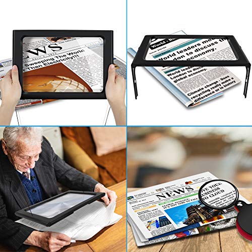 Lupas de Aumento con 12 LED, DIAOCARE Lupa de Lectura para Personas Mayores Ancianos, A4 Rectangular Página Soporte Plegable Manos Libres, Lupa con luz para Libros, Mapas, Joyas, Ancianos