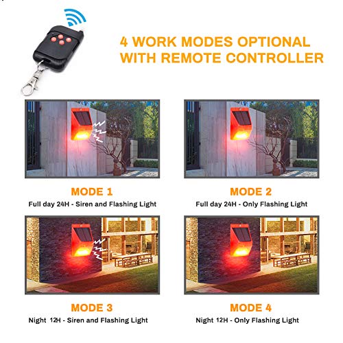 Luz estroboscópica solar con detector de movimiento, Achort luz de alarma solar con mando a distancia, 129 db de sonido, sirena de seguridad, IP65 impermeable, para casa, granja, granero, villa