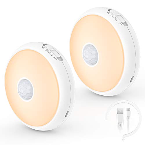 Luz Nocturna Sensor Movimiento, PREKIAR Luces LED Armario con Sensor Movimiento, Lámpara Nocturna Recargable con 3 Modos, Luz Cálida para Armario, Pasillo, Escalera, Sótano, Cocina, Gabinete(2Pcs)