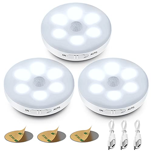 Luz Nocturna,ICEKO-KN 3-Pack Luces LED con Sensor Movimiento a Pilas, Luz Armario USB Recargable con 3 Modos, Luz LED Adhesiva para Armarios,Pasillo, Escalera, Sótano, Cocina.(Blanco)