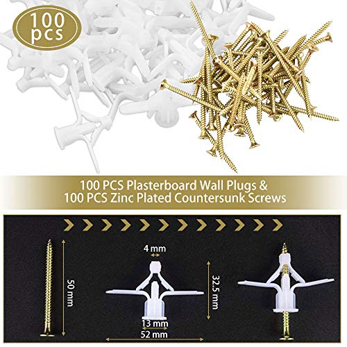 LYTIVAGEN 100 PCS Tornillos para Placas de Yeso Tacos para Placas de Yeso with 100 Pellets Tacos para Paneles de Yeso para Paredes Delgadas o Huecas