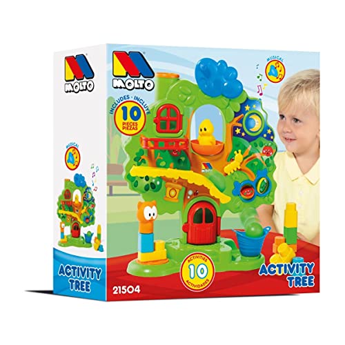 M MOLTO Árbol de Actividades Musical, Juguete de Desarrollo con 10 Accesorios, 6 Bloques, 2 Bolas, 1 Figura Patito, 1 Figura búho. Su Alegre música divertirá a los mas peques.