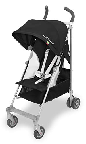 Maclaren Globetrotter silla de paseo tipo paraguas compacto y ligero, Capota resistente al agua y extensible con factor UPF 50+, asiento reclinable, Incluye protector para la lluvia, Negro/Blanco