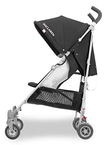 Maclaren Globetrotter silla de paseo tipo paraguas compacto y ligero, Capota resistente al agua y extensible con factor UPF 50+, asiento reclinable, Incluye protector para la lluvia, Negro/Blanco