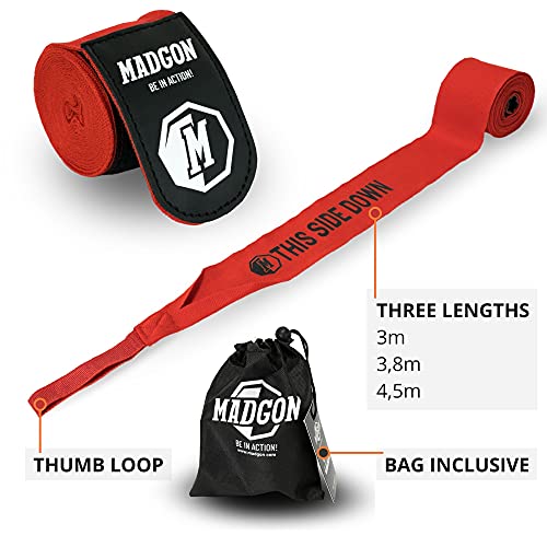 MADGON Vendas Boxeo con Correa de Velcro y Gancho para el Pulgar – 3m / 3,8 m / 4,5m – Vendaje Boxeo Duradero para MMA, Kickboxing, Sparring – Excelente Absorción del Sudor