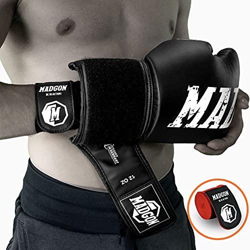 MADGON Vendas Boxeo con Correa de Velcro y Gancho para el Pulgar – 3m / 3,8 m / 4,5m – Vendaje Boxeo Duradero para MMA, Kickboxing, Sparring – Excelente Absorción del Sudor