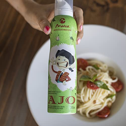 Maeva. Spray de Aceite de Oliva Virgen Extra. Sabor Ajo 200ml. Recomendado para tostadas, ensaladas y su uso en crudo. Sistema "Bag on Valve" para controlar la cantidad.