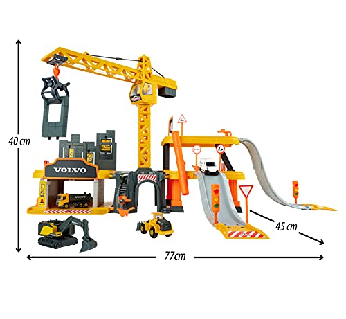 Majorette- Set de Construcción con 5 vehículos Volvo, Garaje, Grúa Giratoria, Túnel y Rampas de Descenso, Adecuado a partir de 5 Años, Color (212050032)