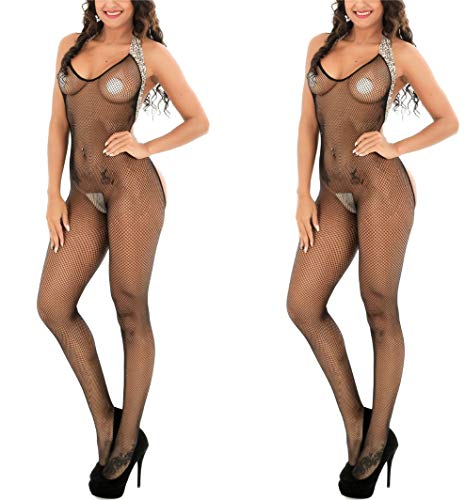 Malla de la Mujer Lencería Hueca Rejilla Babydoll Talla única Lencería Ropa de Dormir Crotchless Bodystocking Interior de Camisón de Encaje de Manga Larga Bare Inferior