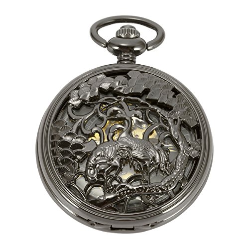 ManChDa Hueco de Grulla de cabeza roja Grúa de Manchuria Machanical automático Reloj de bolsillo Esqueleto Negro para los hombres Mujeres con cadena + Caja regalo