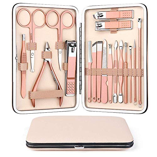 Manicura y Pedicura 18 en 1, Manicura Set Acero Inoxidable Tijeras de Uñas, Kit de aseo profesional Tijeras para uñas Juego de pedicura para cortador de uñas Gran regalo (Rosa)