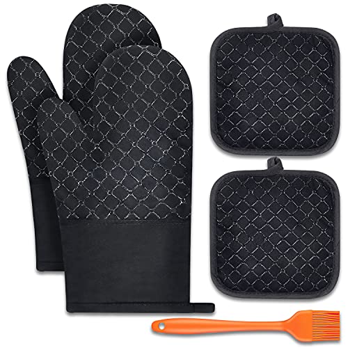 Manoplas Horno, 5 Piezas Guantes Horno Set con 1 Par 500 ℉ Guantes para Horno Resistentes al Calor 2 Antideslizantes Algodón Suave , con Pincele de Repostería, para Barbacoa/Hornear/Cocina