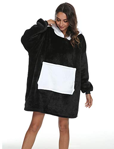 Manta de sofá panda con capucha tallas grandes, unisex, cálida manta con mangas con bolsillo divertido, color negro, talla M, apta para 150 y 175 cm de altura