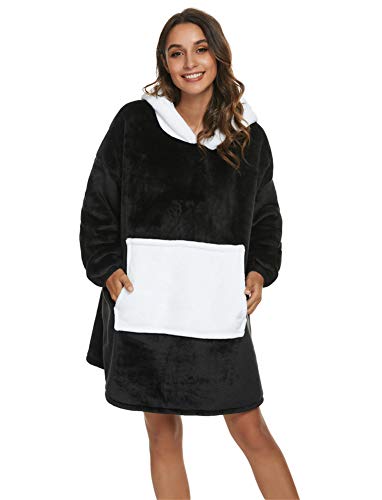 Manta de sofá panda con capucha tallas grandes, unisex, cálida manta con mangas con bolsillo divertido, color negro, talla M, apta para 150 y 175 cm de altura