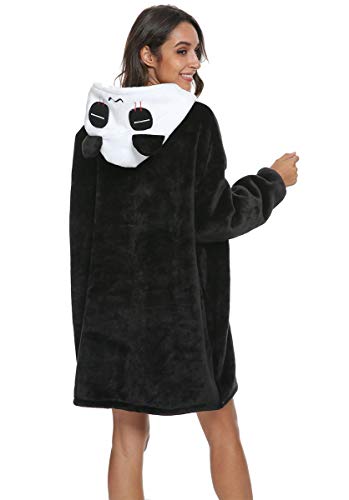 Manta de sofá panda con capucha tallas grandes, unisex, cálida manta con mangas con bolsillo divertido, color negro, talla M, apta para 150 y 175 cm de altura