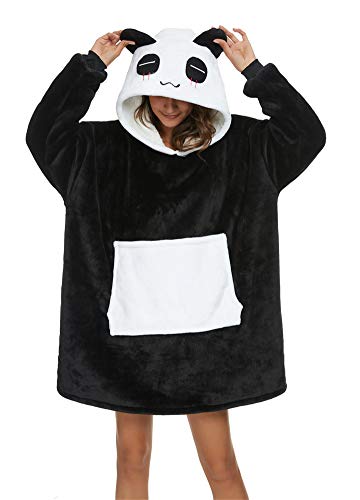 Manta de sofá panda con capucha tallas grandes, unisex, cálida manta con mangas con bolsillo divertido, color negro, talla M, apta para 150 y 175 cm de altura