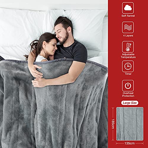 Manta Electrica 185 x 135 cm, Grande Manta Eléctrica Auto Apagado, 10 Niveles de Calor, Calentamiento Rápido, Manta Electrica Cama con Control Digital, Temporizador, Lavable en Lavadora - Gris