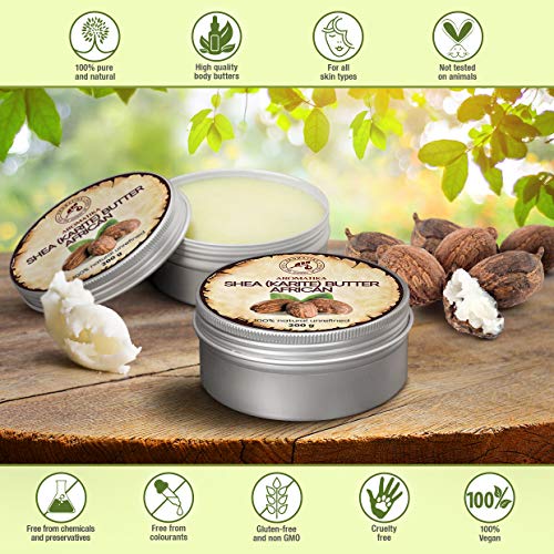 Manteca de Karité - 200g - Shea Butter Africana - Puro y Natural Butyrospermum Parkii - Óleo Corporal - Hidratante Corporal - Aceite para el Cabello - Piel - Uñas - Labios - Cuidado Facial