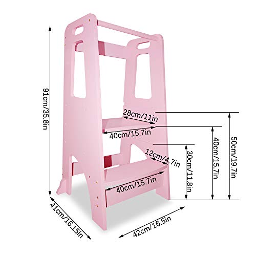 ManyDFYu Taburete de madera para niños con plataforma ajustable, torre de niños con barandillas de seguridad para encimera, baño, aprendizaje (rosa)