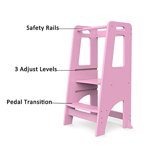 ManyDFYu Taburete de madera para niños con plataforma ajustable, torre de niños con barandillas de seguridad para encimera, baño, aprendizaje (rosa)