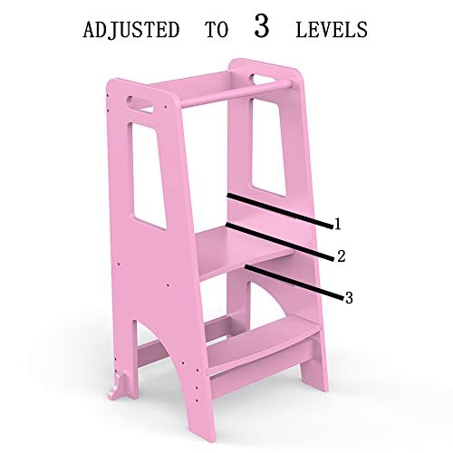 ManyDFYu Taburete de madera para niños con plataforma ajustable, torre de niños con barandillas de seguridad para encimera, baño, aprendizaje (rosa)