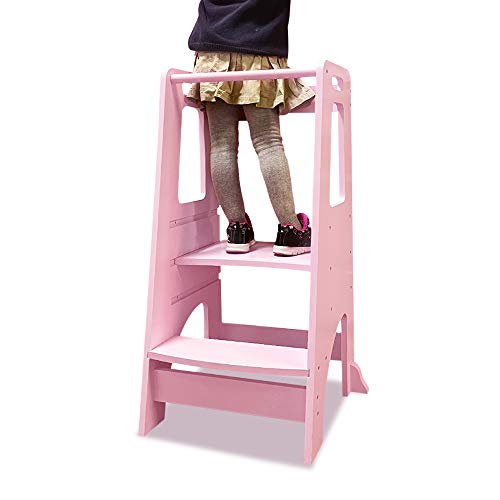 ManyDFYu Taburete de madera para niños con plataforma ajustable, torre de niños con barandillas de seguridad para encimera, baño, aprendizaje (rosa)