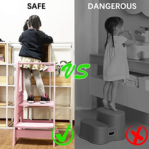 ManyDFYu Taburete de madera para niños con plataforma ajustable, torre de niños con barandillas de seguridad para encimera, baño, aprendizaje (rosa)