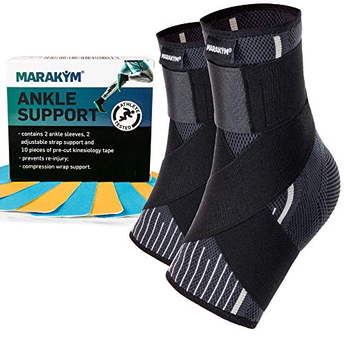 Marakym Premium Compression Calcetines para hombres y mujeres - Envoltura médica de compresión para el tobillo - Mangas de soporte para la prevención de lesiones y el alivio del dolor - Paquete de 2