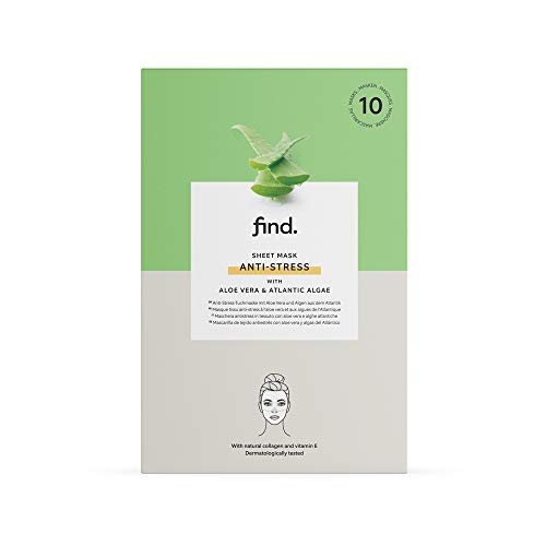 Marca Amazon - find. Mascarilla hidrogel, sin goteo, antiestrés con aloe vera y algas atlánticas, pack de 10 unidades