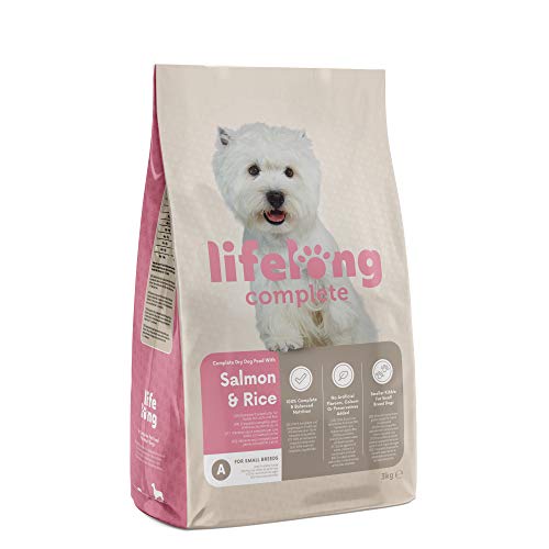 Marca Amazon - Lifelong Complete- Alimento seco completo para perros (razas pequeñas) con salmón y arroz, 1 x 3 kg