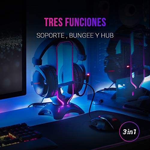 Mars Gaming MHHPRO, Soporte Cascos Gaming con HUB 2xUSB y Bungee Ratón, Negro