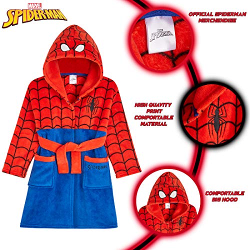 Marvel Albornoz Niños, Spiderman Albornoz Niño, Bata Niño Casa de Forro Polar Con Capucha, Merchandising Oficial Regalos Para Niños Edad 2-9 Años (Rojo, 7-8 Años)