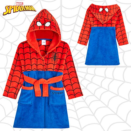 Marvel Albornoz Niños, Spiderman Albornoz Niño, Bata Niño Casa de Forro Polar Con Capucha, Merchandising Oficial Regalos Para Niños Edad 2-9 Años (Rojo, 7-8 Años)