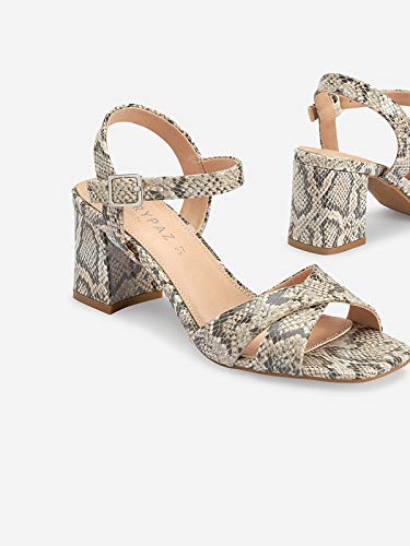 Marypaz, Sandalia tacón ancho con estampado animal print de serpiente para Mujer Beige 41 EU