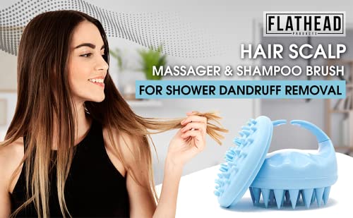 Masajeador De Cuero Cabelludo Y Cepillo Para Tratamiento De Caspa De Flathead Products - Cepillo De Champú Para Cabello Húmedo O Seco - Estimula El Crecimiento Del Cabello - Incluye 2 Cabezales, Azul