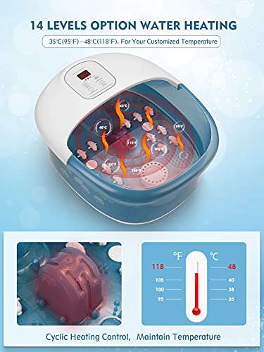 Masajeador de pies con baño de burbujas y calefacción vibratoria, baño eléctrico para pies, calefacción de temperatura del agua, 14 rodillos de masaje extraíbles.