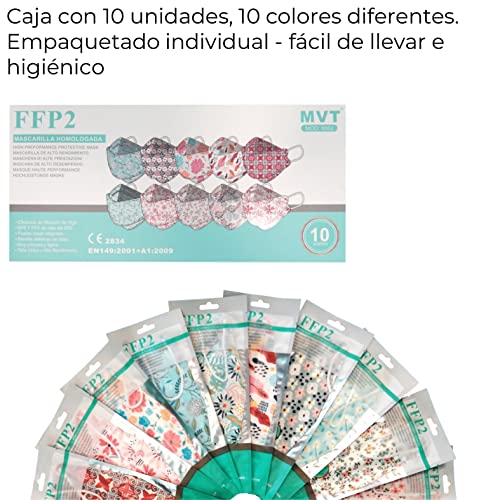 Mascarilla FFP2 Colores, Pack de 10x Mascarillas FFP2 NR de Colores Homologadas 5 Capas Forma 3D Tipo Pez + Mask Case Color Aleatorio