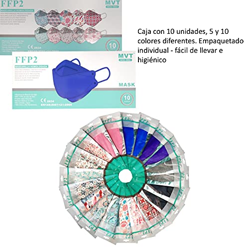 Mascarilla FFP2 Colores, Pack de 20x Mascarillas FFP2 NR de Colores Homologadas 5 Capas Forma 3D Tipo Pez + Mask Case Color Aleatorio