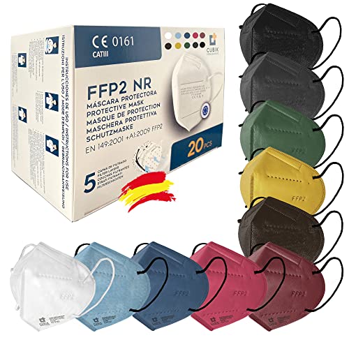 Mascarilla FFP2 Multicolor, Fabricada en España, 20 unidades, 10 colores Alta eficiencia 5 capas, Homologada CE 0161