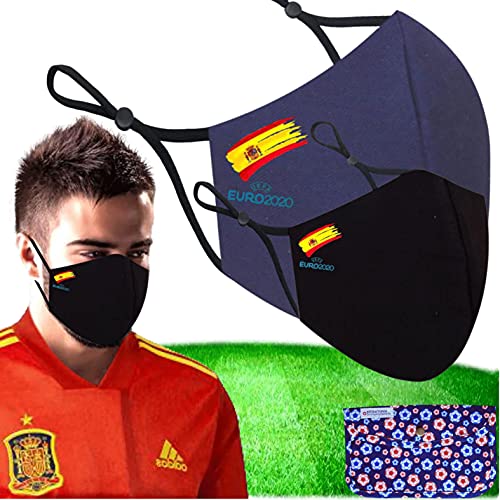 Mascarillas de Tela Colores Reutilizable Lavable, Pack de 2 Mascarillas Color Negro y Azul Bandera España 100% Algodón Higiénica Homologada Certificada BFE 99% Filtros Extra 1x Estuche Mascarilla