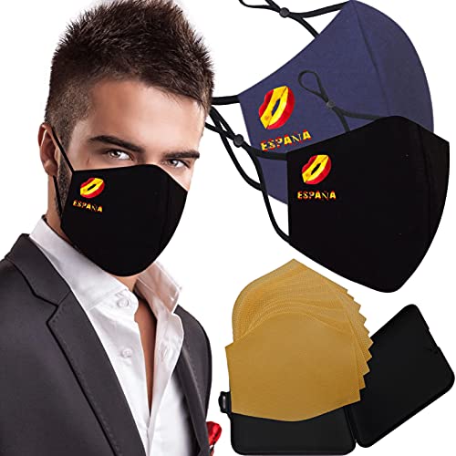 Mascarillas de Tela Colores Reutilizable Lavable, Pack de 2 Mascarillas Color Negro y Azul Labios España 100% Algodón Higiénica Homologada Certificada BFE 99% Filtros Extra 1x Estuche Mascarilla