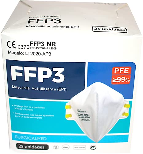 Mascarillas FFP3 NR CE 0370 25 Unidades no orejeras Homologadas Certificadas protegen frente a aerosoles alta filtración de partículas: ≥ 99% Cumple normativa EN 149:2001 + A1:2009 (envase individual)