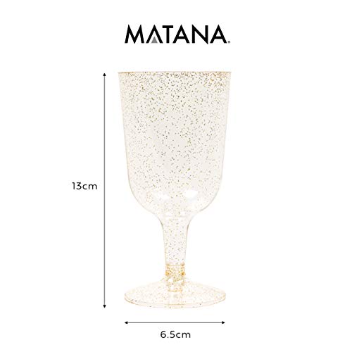 MATANA - 50 Copas de Vino Transparentes con Brillo Dorado - 170ml / Copas Plastico para Fiestas /Resistentes y Elegantes